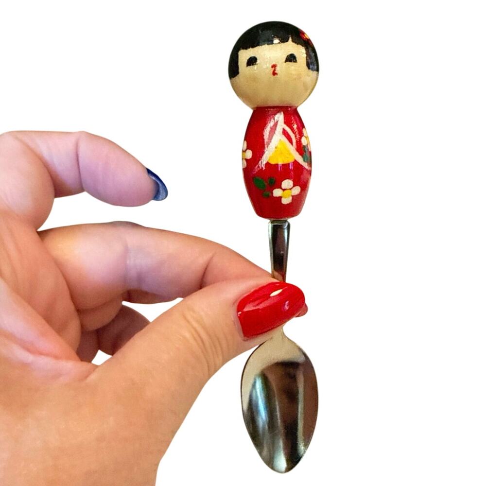 Kokeshi Doll Souvenir Spoon • Japan • 5” • Stainless Steel • Hand‑Painted